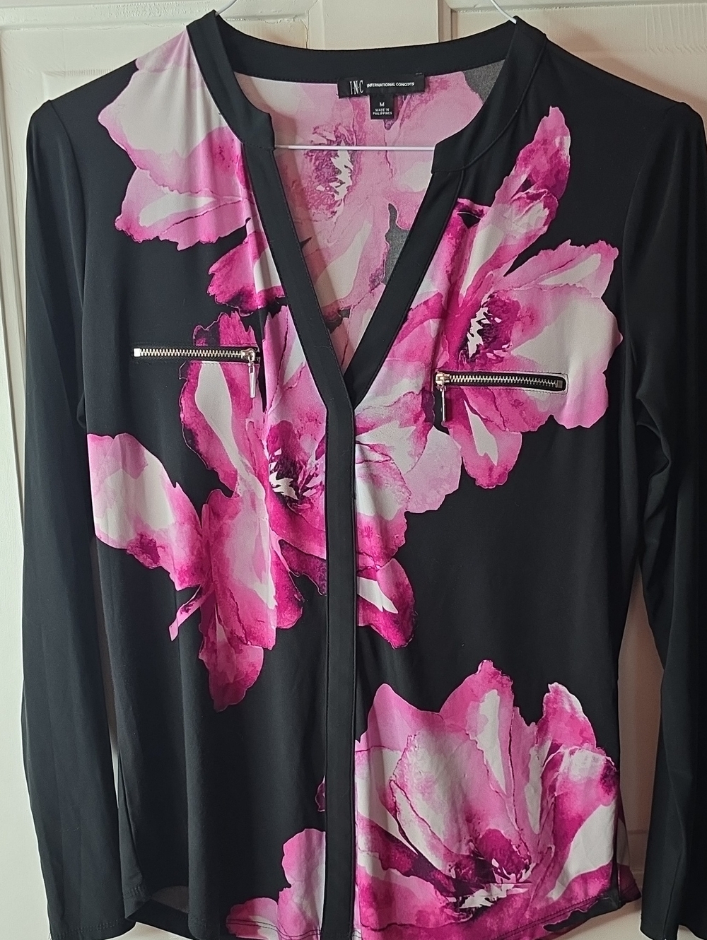INC International Concepts Black Long-Sleeve Top with Pink Floral Print